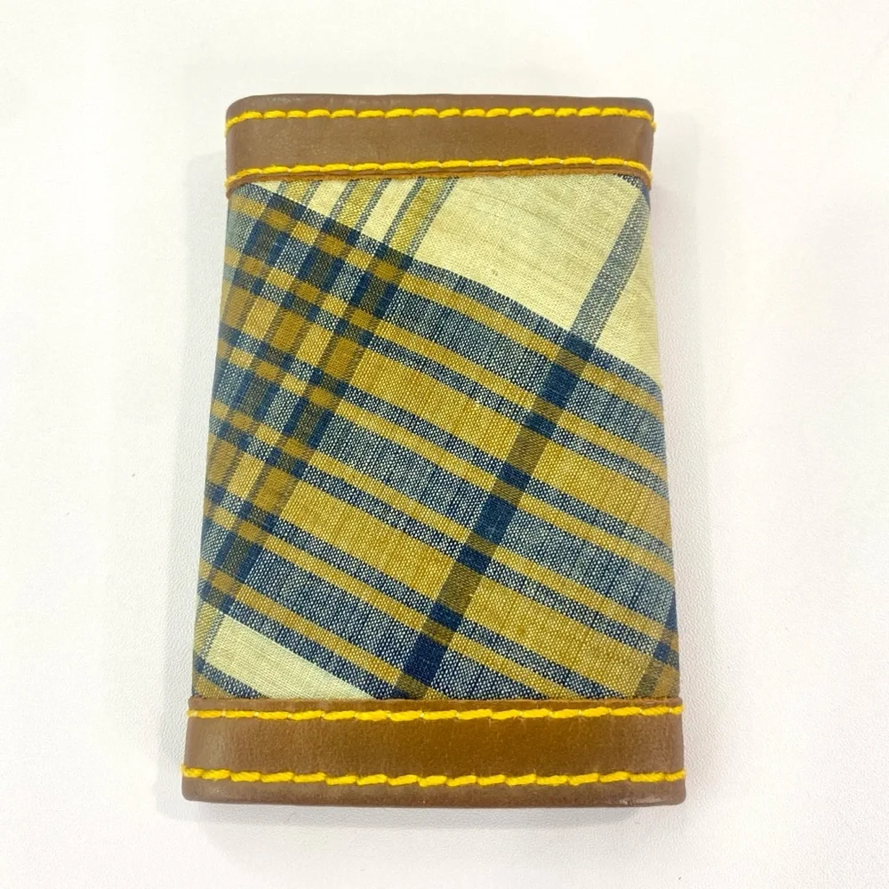 Canterbury Vintage 1980s Navy Plaid Key Holder Brown Leather Yellow Stitch Prepp